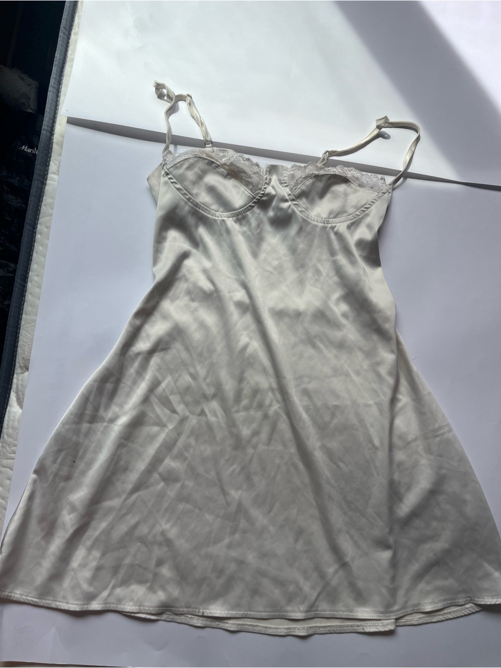 Silky Ivory Slip Dress with Lace Trim